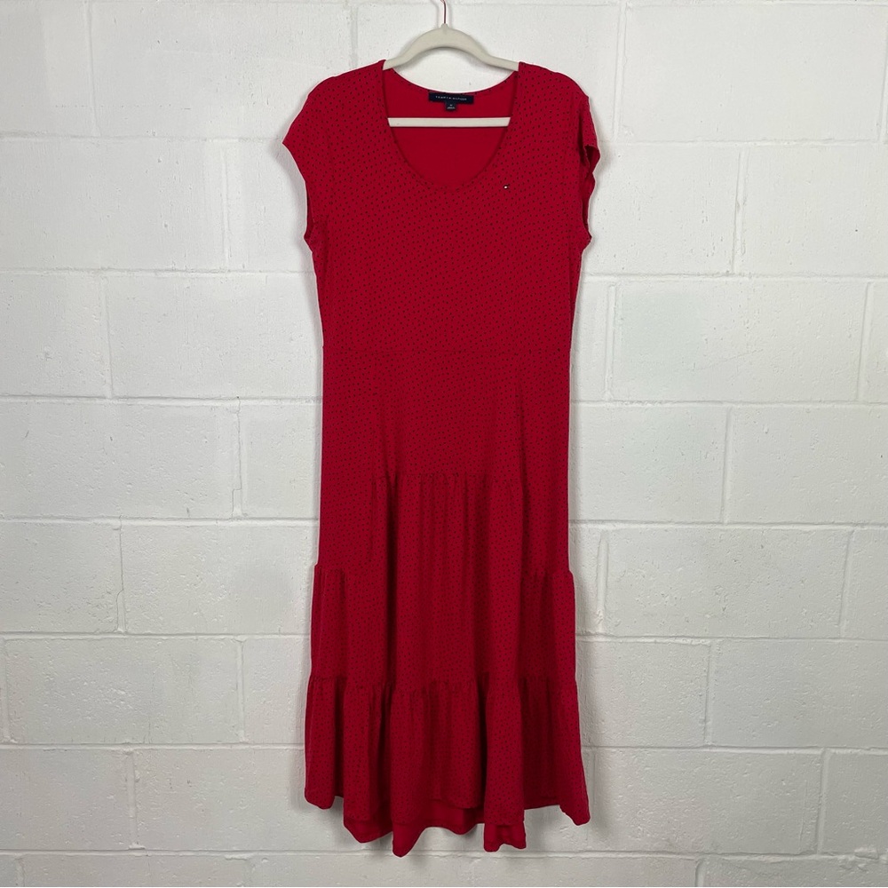 Tommy Hilfiger Midi Dress Red & Black Polka Dot Tiered Stretch‎ Preppy Cottage M